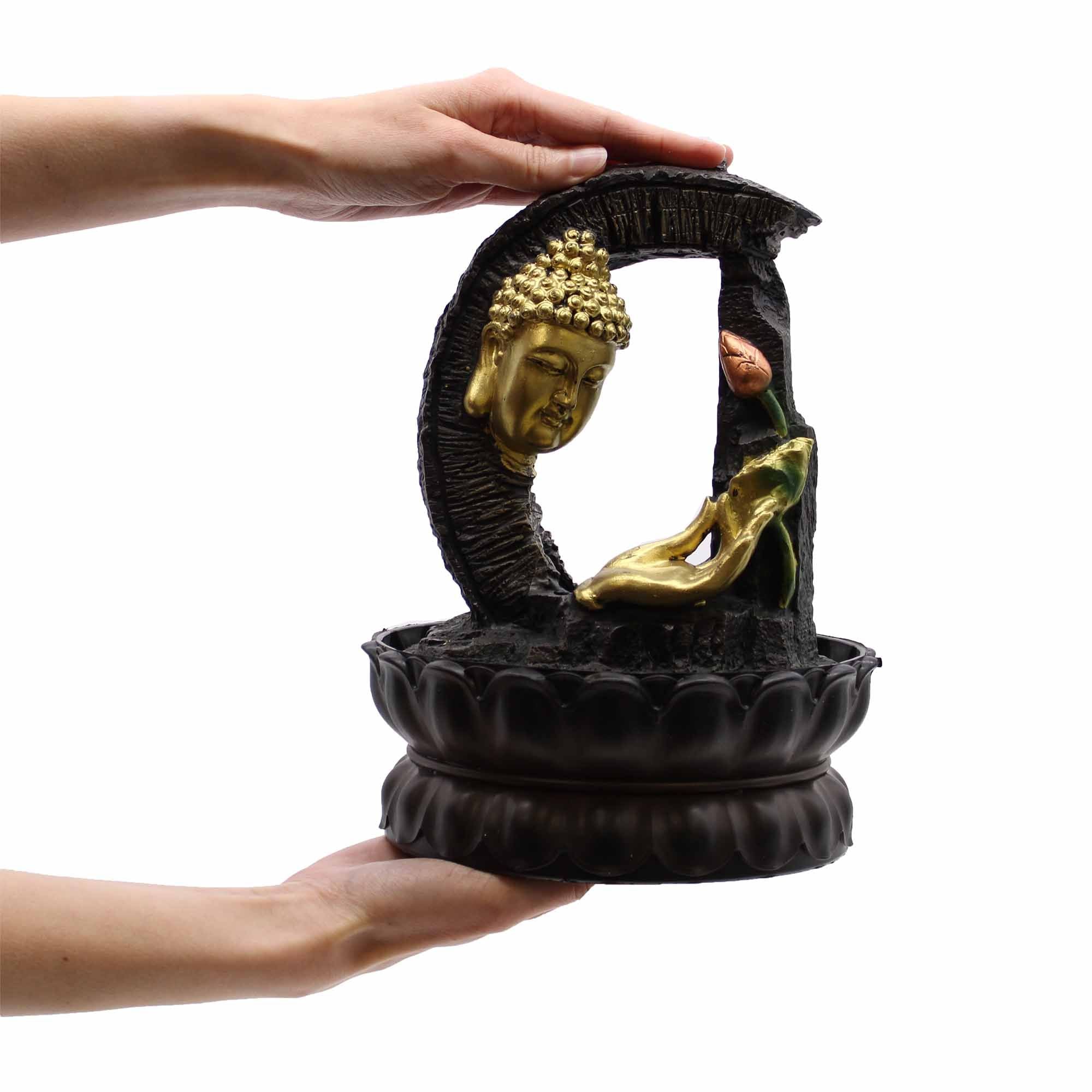 30cm Golden Buddha Tabletop Water Feature with Lotus Design