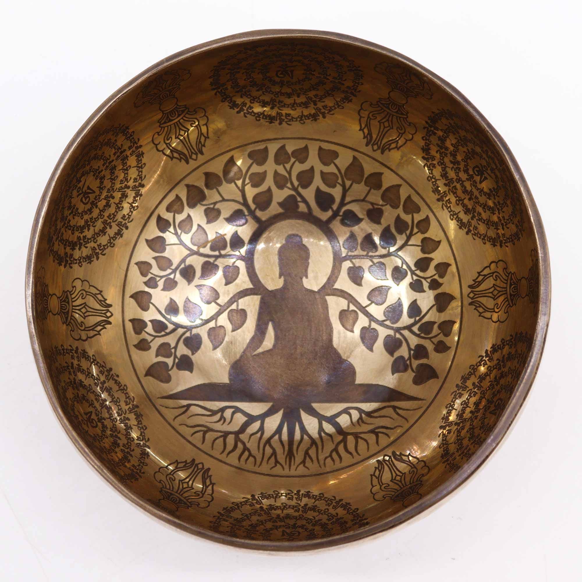 Tibetan Healing Engraved Bowl with Bodhi Tree Buddha Design 16cm