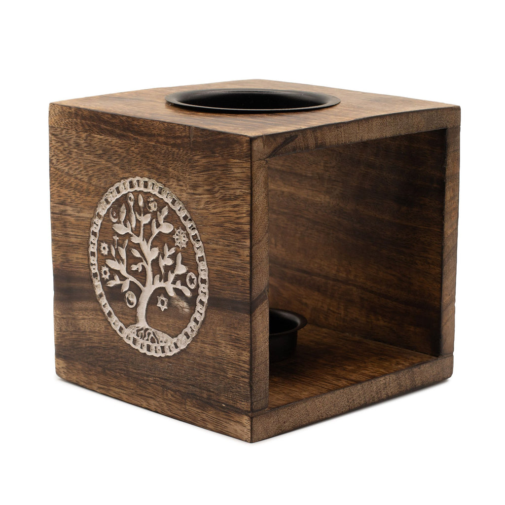 Large Square Mango Wood Oil Burner with Tree of Life Design