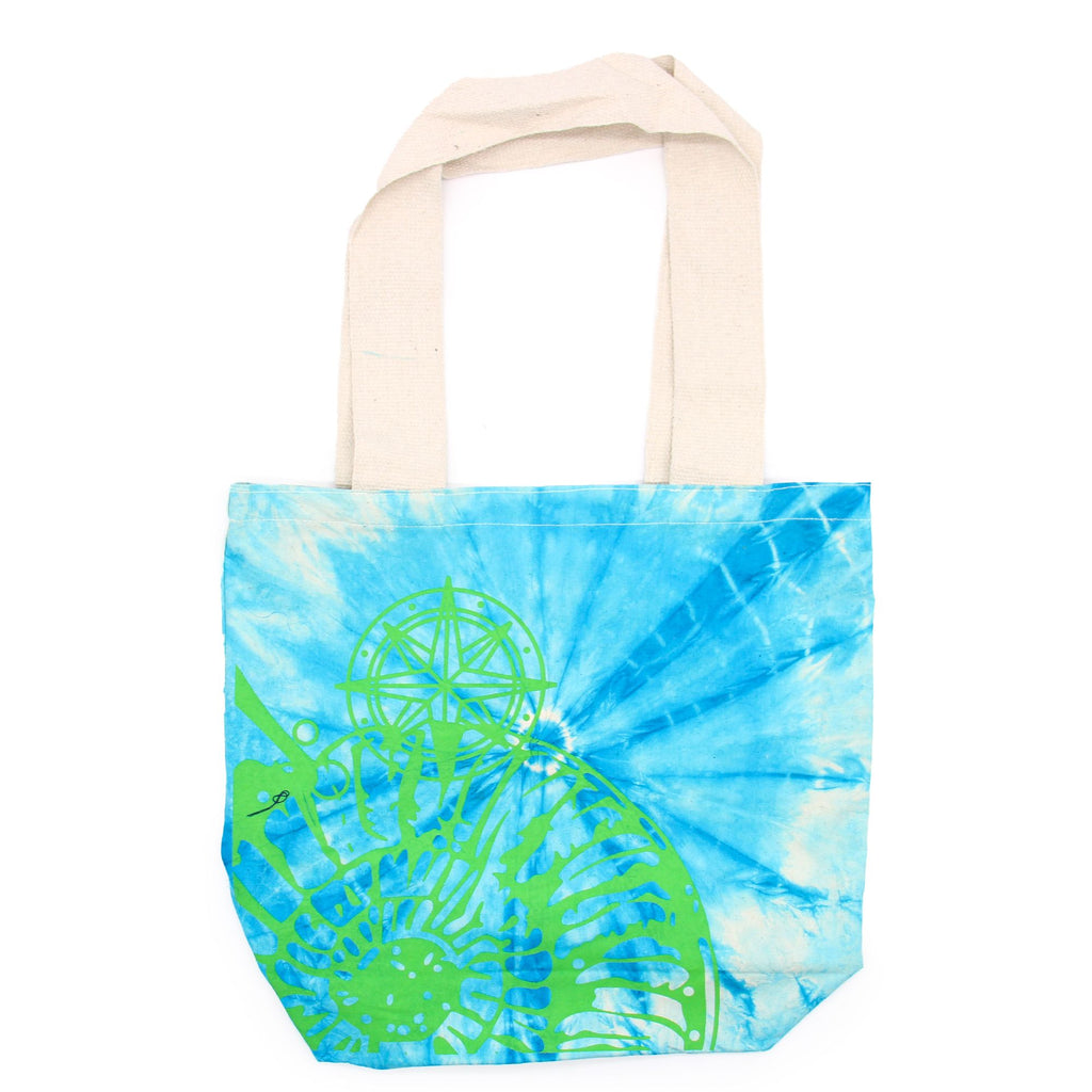 Tye Dye Cotton Bag in Sea Shell Blue Green with Green Handle