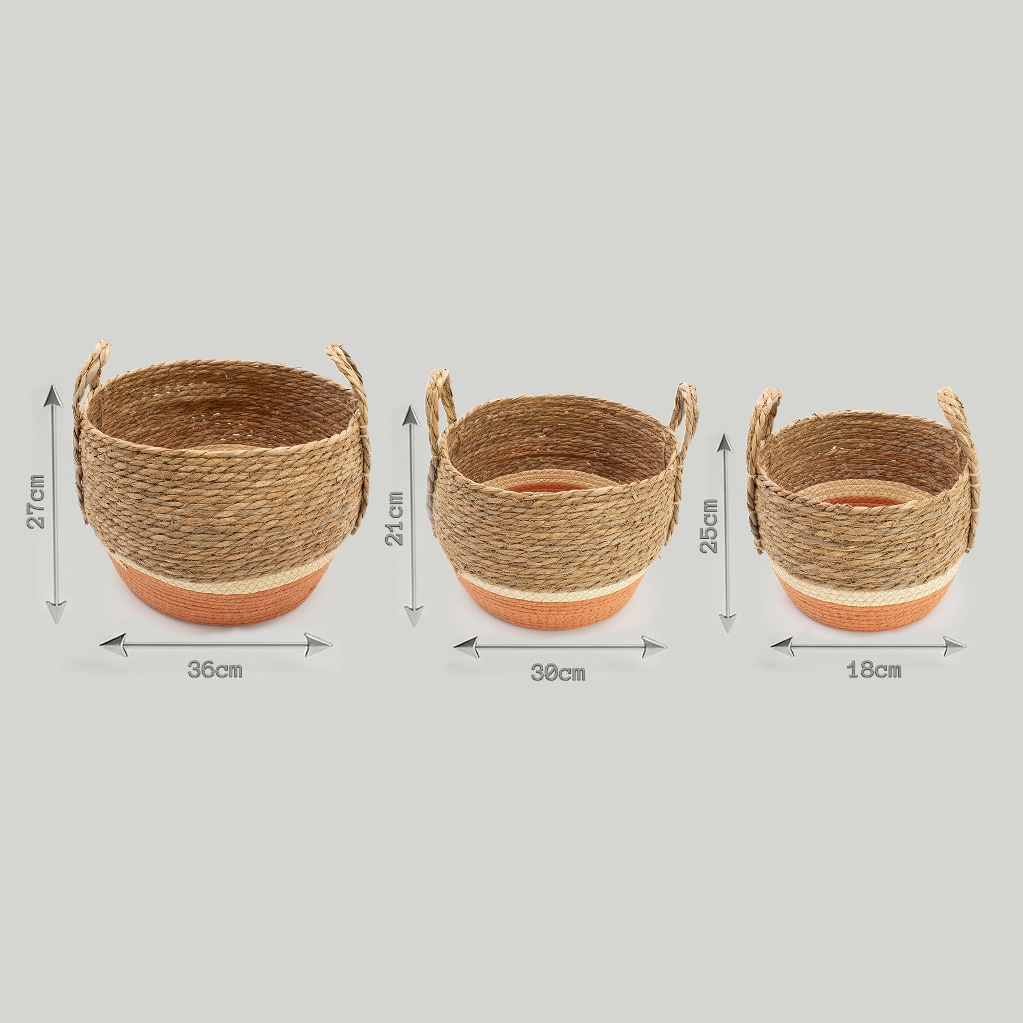 Straw and Seagrass Large Baskets Set of Three in Natural Orange