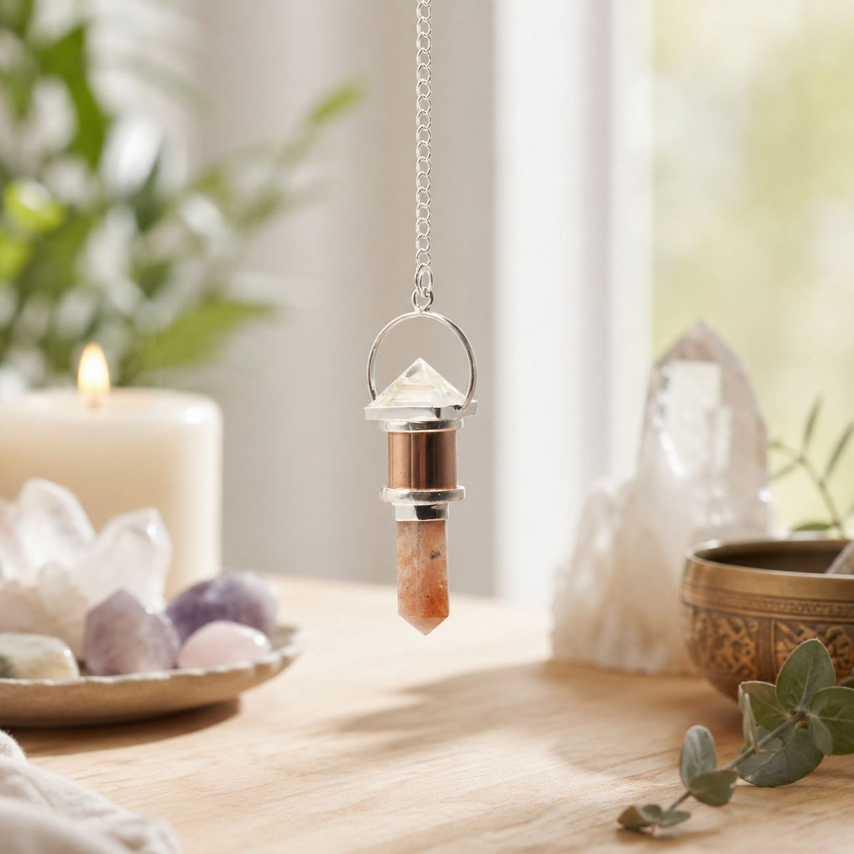The Moon Chamber- Combo Piece Copper Pendulum -  Clear Quartz & Sunstone