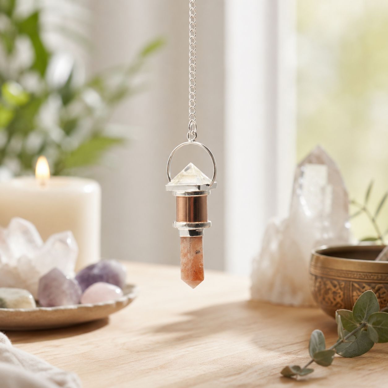 The Moon Chamber Copper Pendulum with Clear Quartz and Sunstone