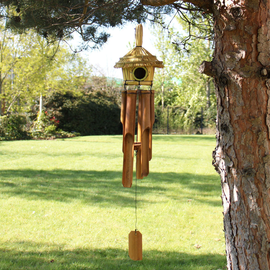 Round Seagrass Bird Box with Chimes for Beautiful Garden Decor
