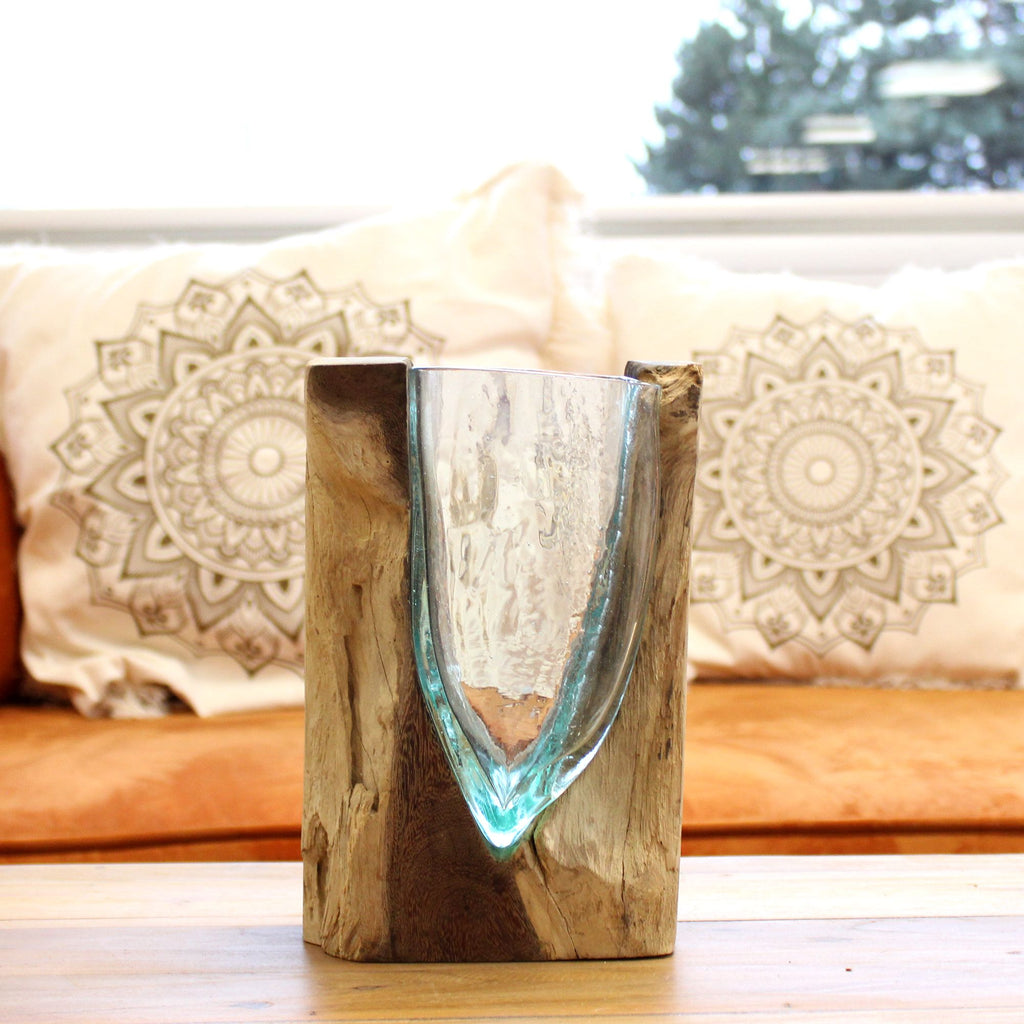 Molton Glass V Shaped Art Vase on Wood for Home Decor