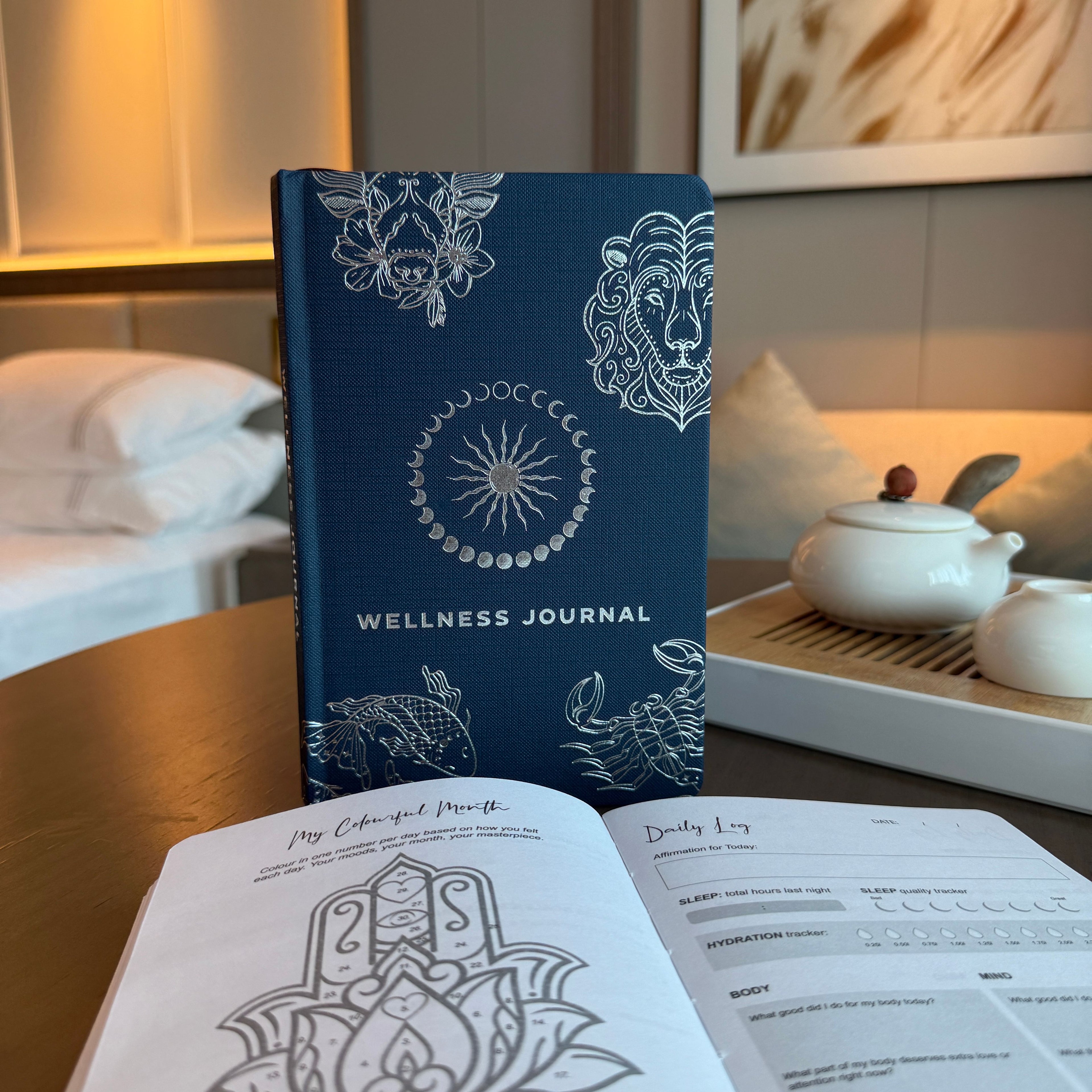 Midnight Blue Wellness Journal with Silver Zodiac Cover Design
