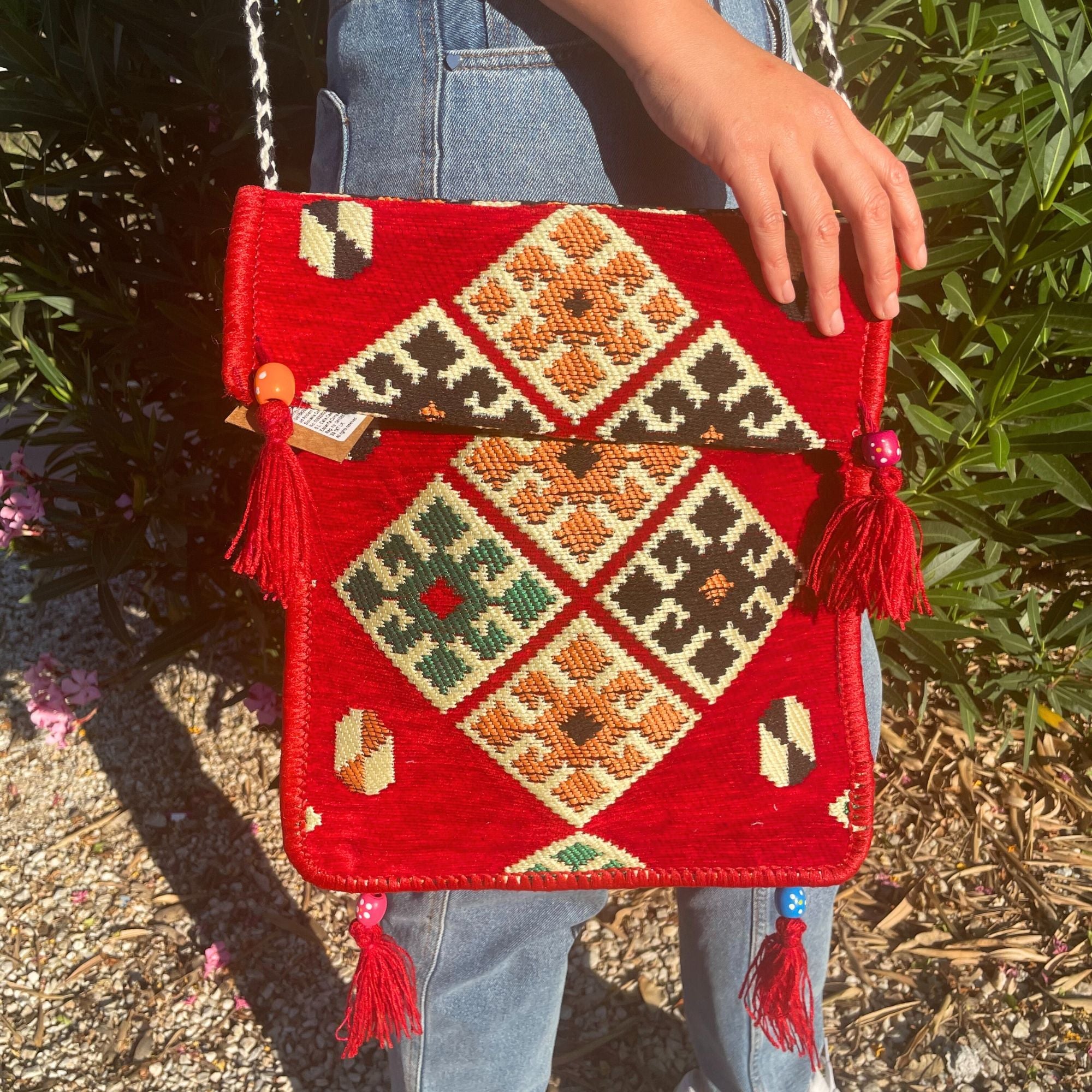 Red Kilim Messenger Festival Bag for Stylish Summer Outings
