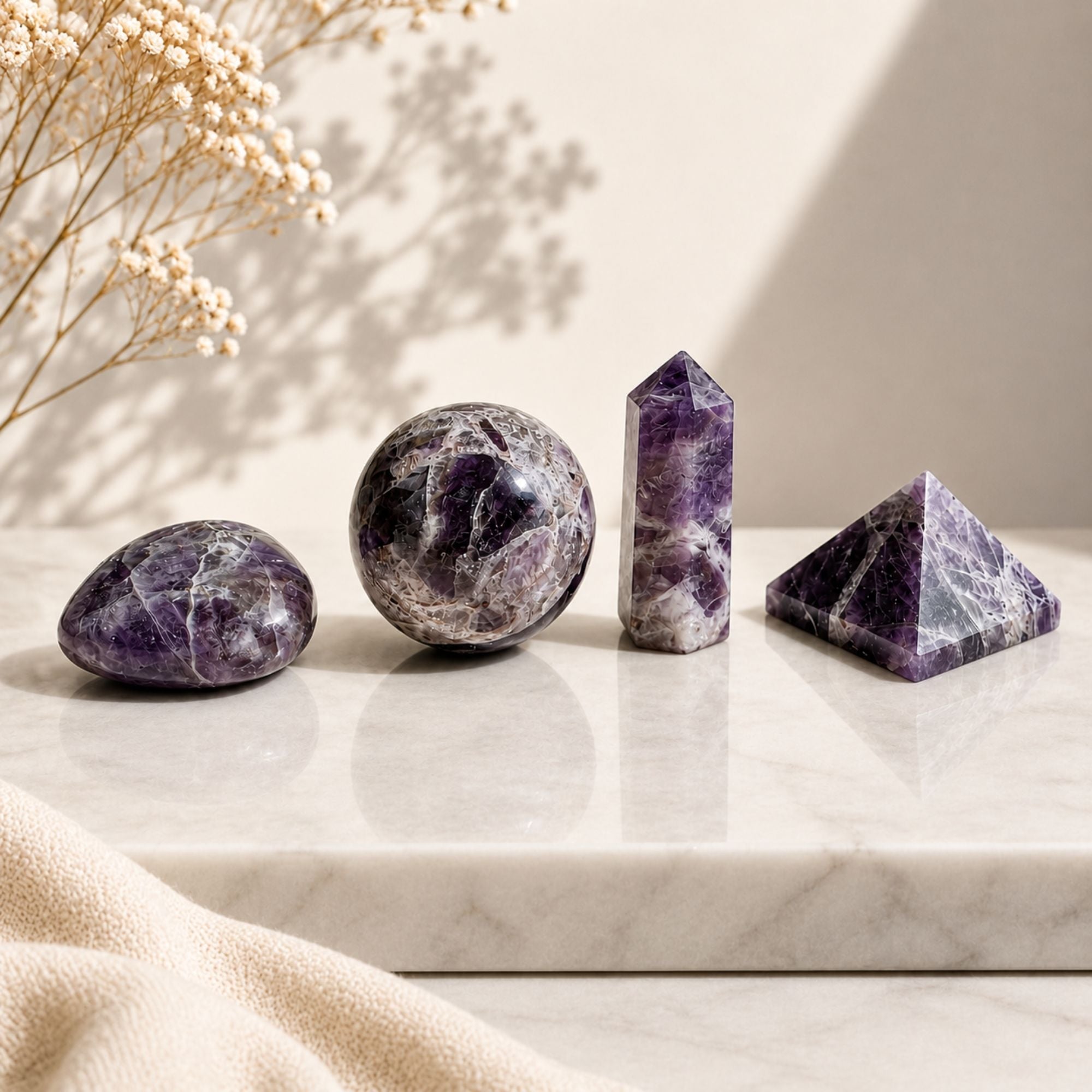 Four Gemstone Shapes Set Amethyst for Home Decor and Gifting