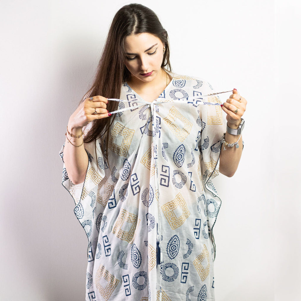 Nomad Sari Kaftan in Blue and Gold with Greek Motif Design