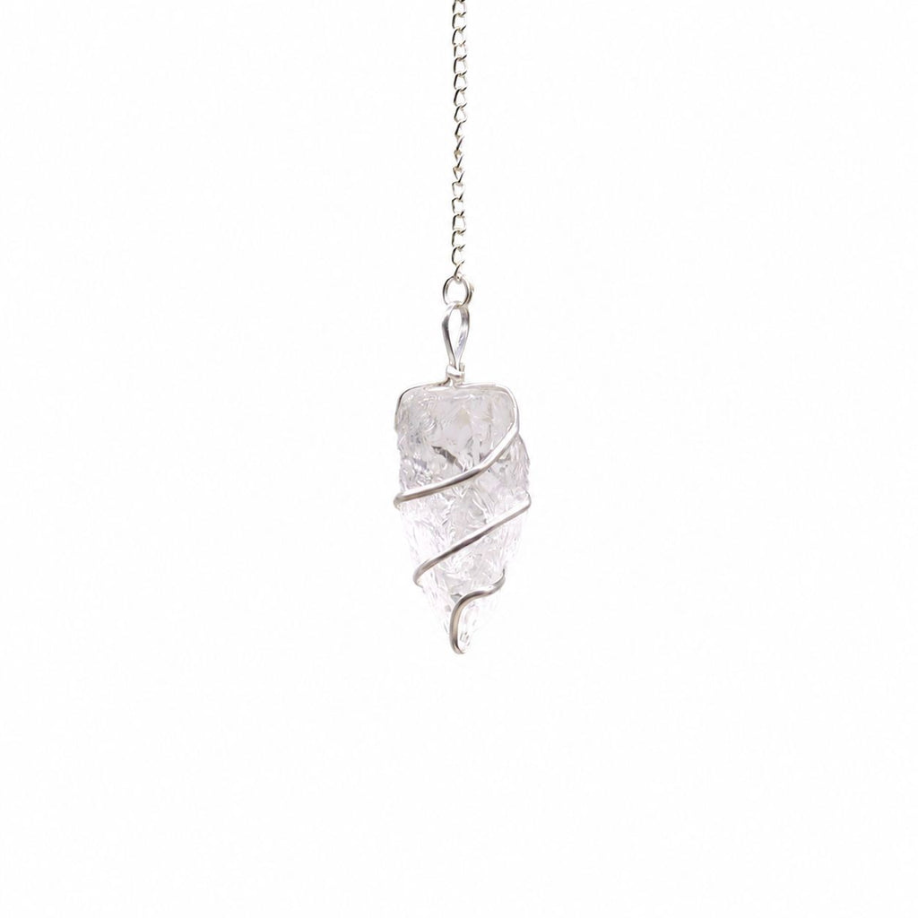 Raw Rock Quartz Gemstone Pendulum with Silver Tone Spiral Design