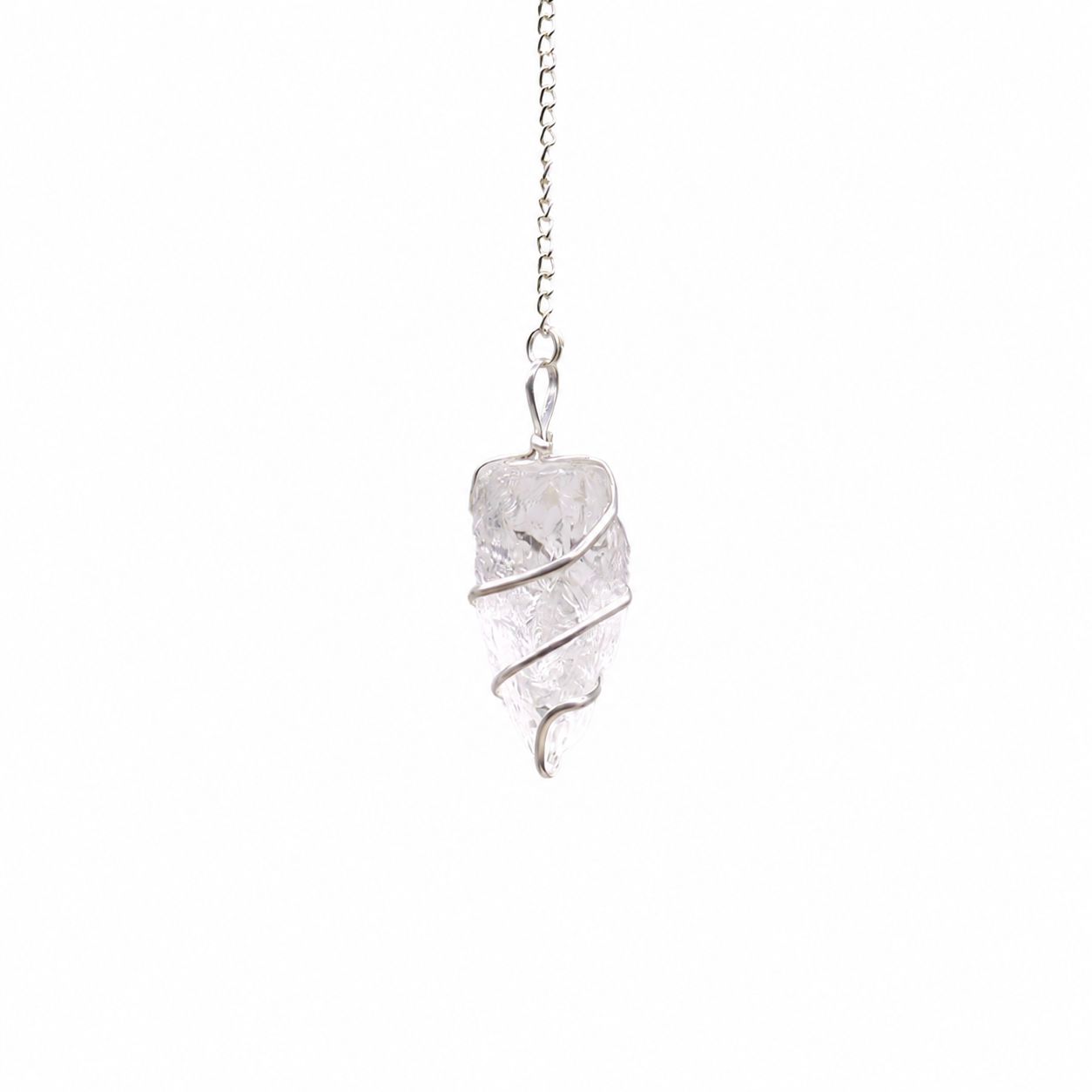 Raw Rock Quartz Gemstone Pendulum with Silver Tone Spiral Design