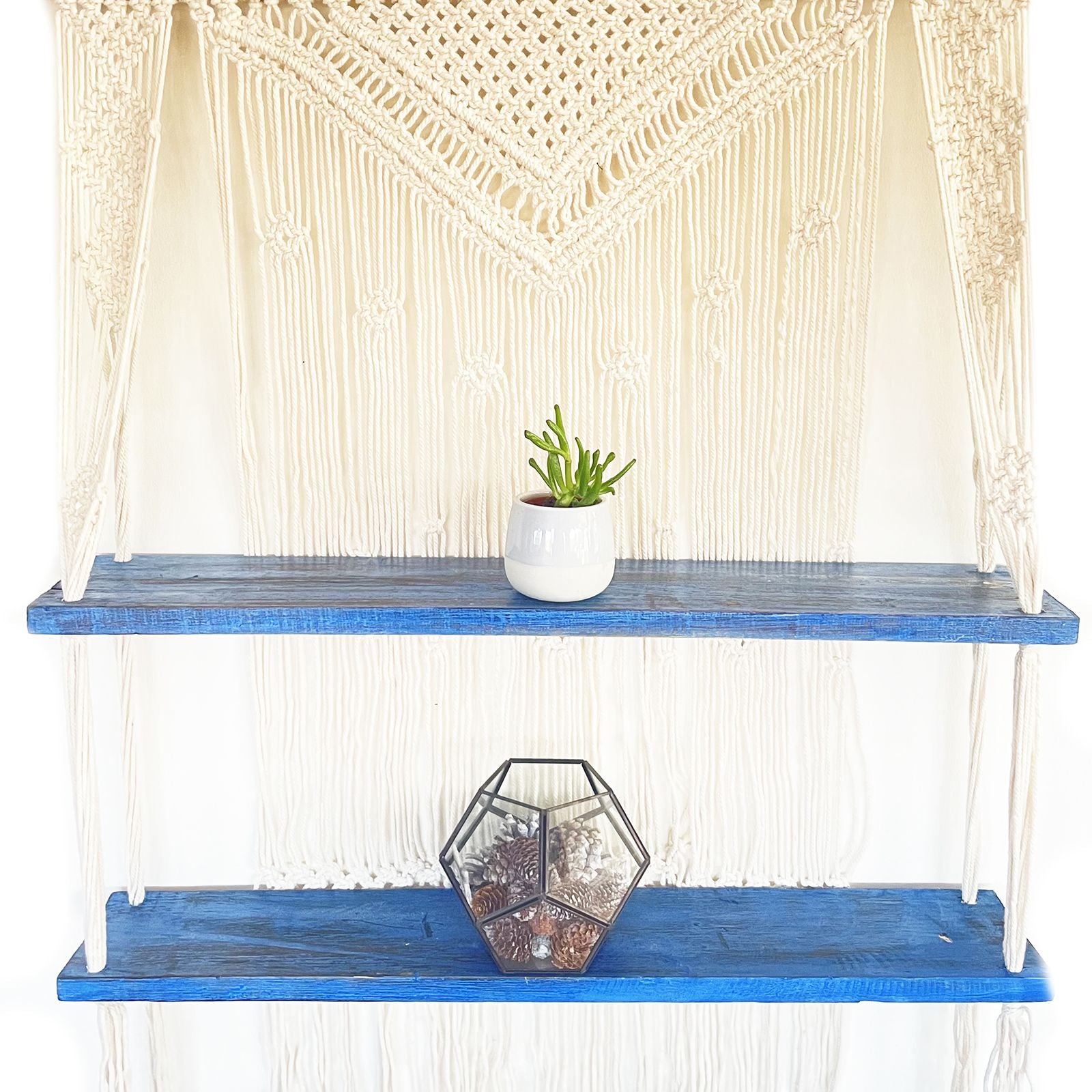Natural Macrame Hanging Shelves in Blue for Stylish Home Display