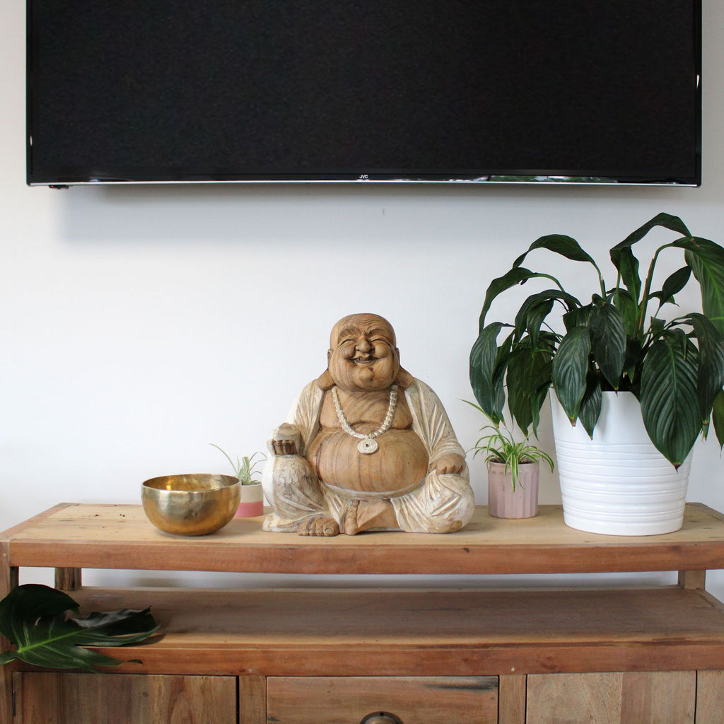 Happy Buddha Whitewash Hand Carved Statue 40cm for Home Decor