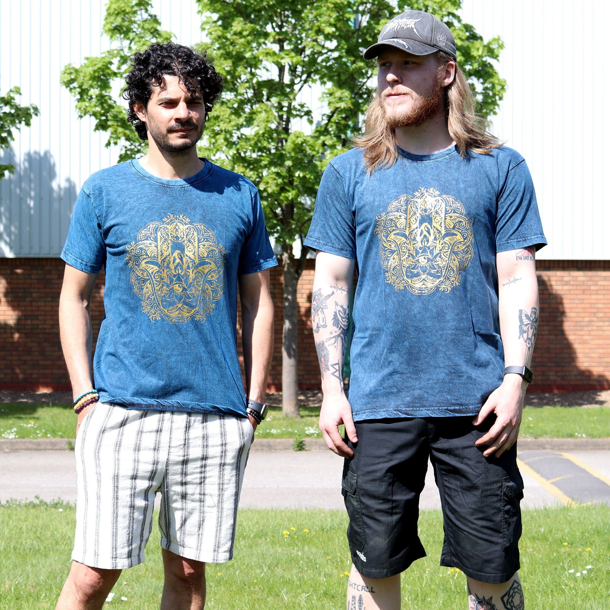 Nomad Sari Stonewashed Cotton T Shirt with Hamsa Design in Blue