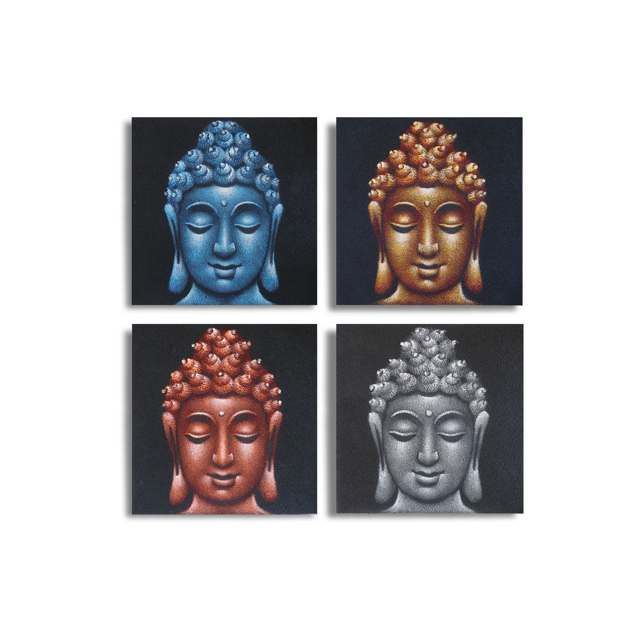 Set of 4 Buddha Heads Sand Detail Paintings for Elegant Home Decor
