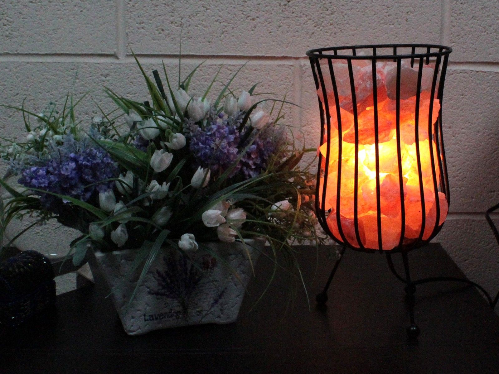 Tall Salt Rock Brazier with Pink Salt Chunks and Light Fitting