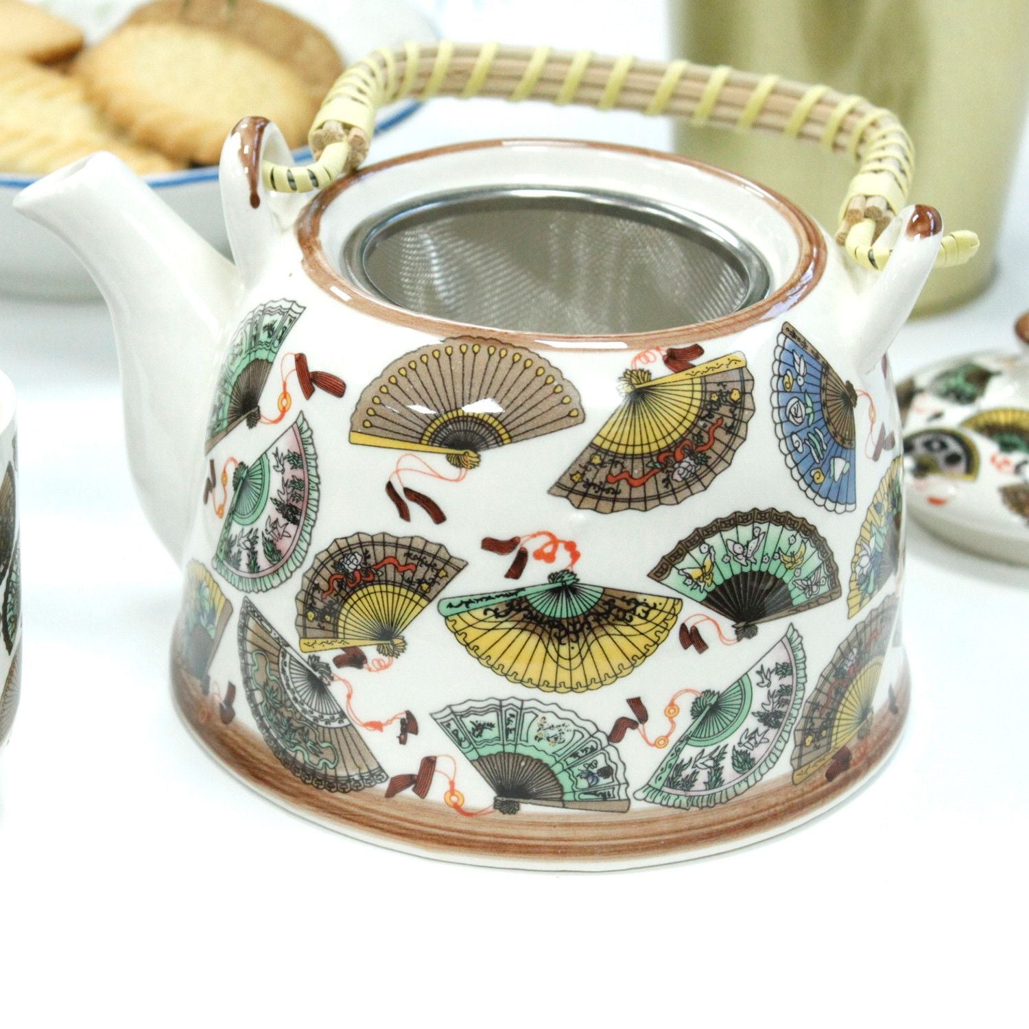 Herbal Teapot Set with China Fans Design and Six Matching Cups