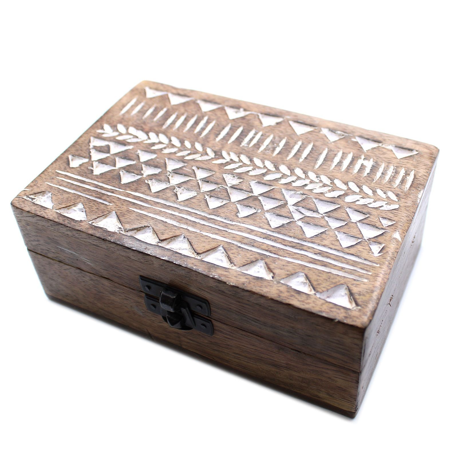 White Washed Wooden Box with Aztec Design for Stylish Storage