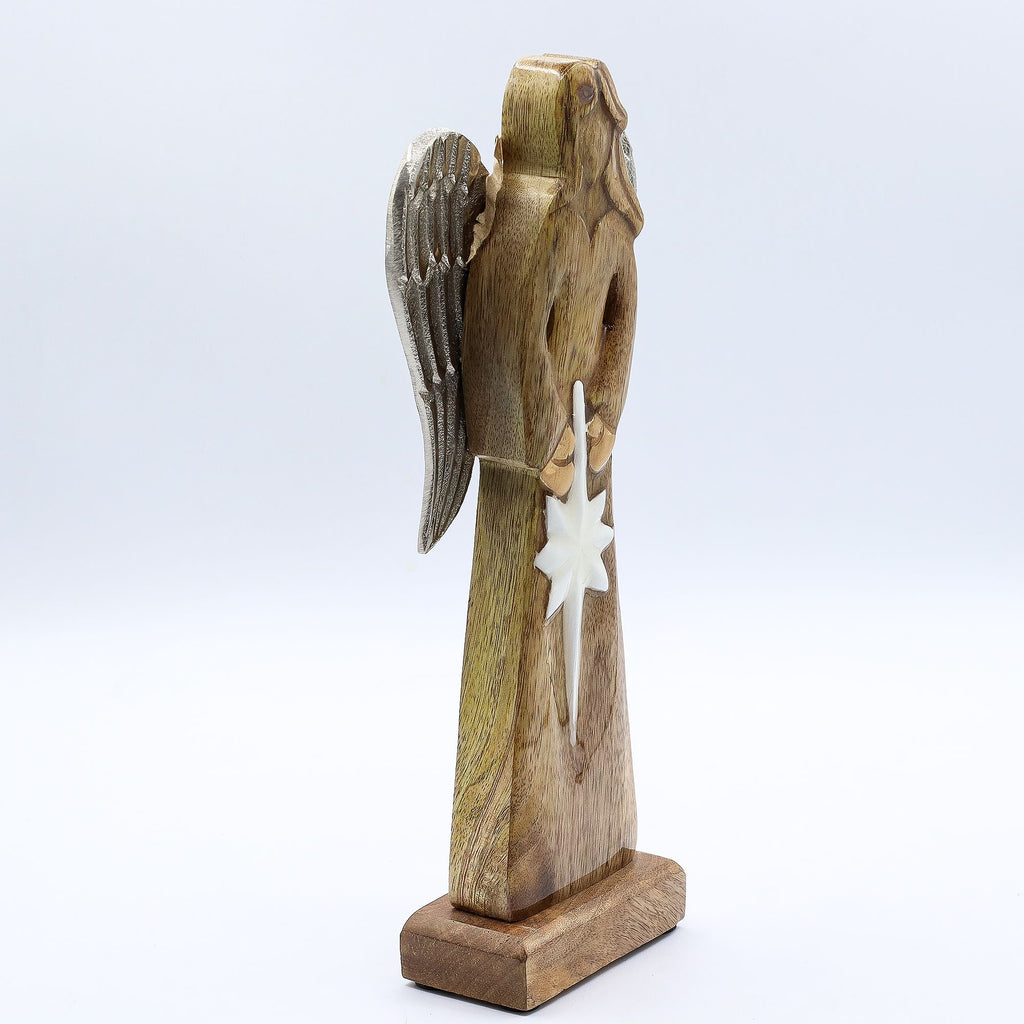 Large Mango Wood Peace Angel with Metal Wings and Enamel Detail