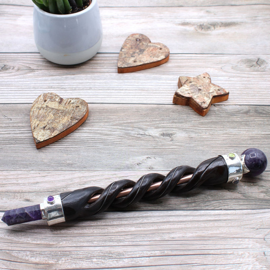 Spiral Carving Healing Wand with Amethyst and Copper Pipe Design