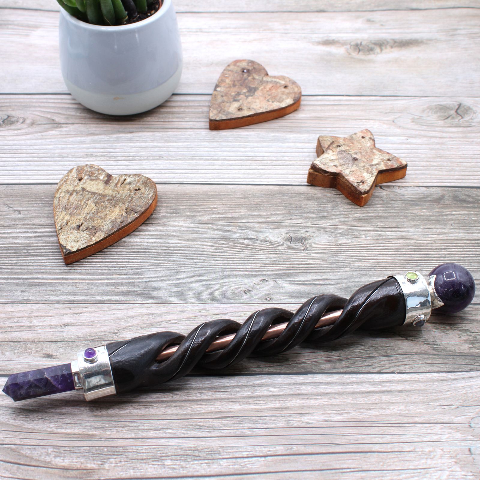 Spiral Carving Healing Wand with Amethyst and Copper Pipe Design