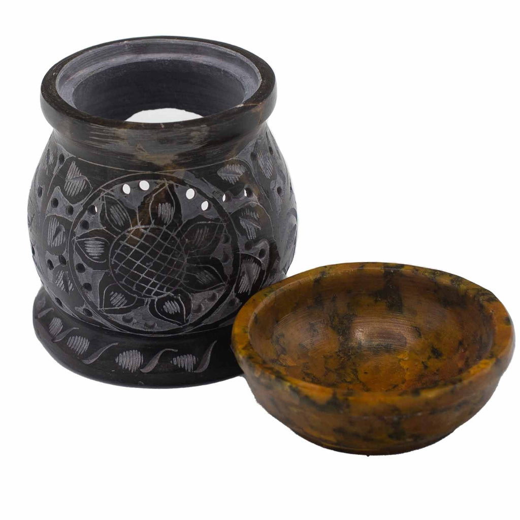 Soapstone Oil Burner 10cm with Mandala Flower Design in Black Yellow