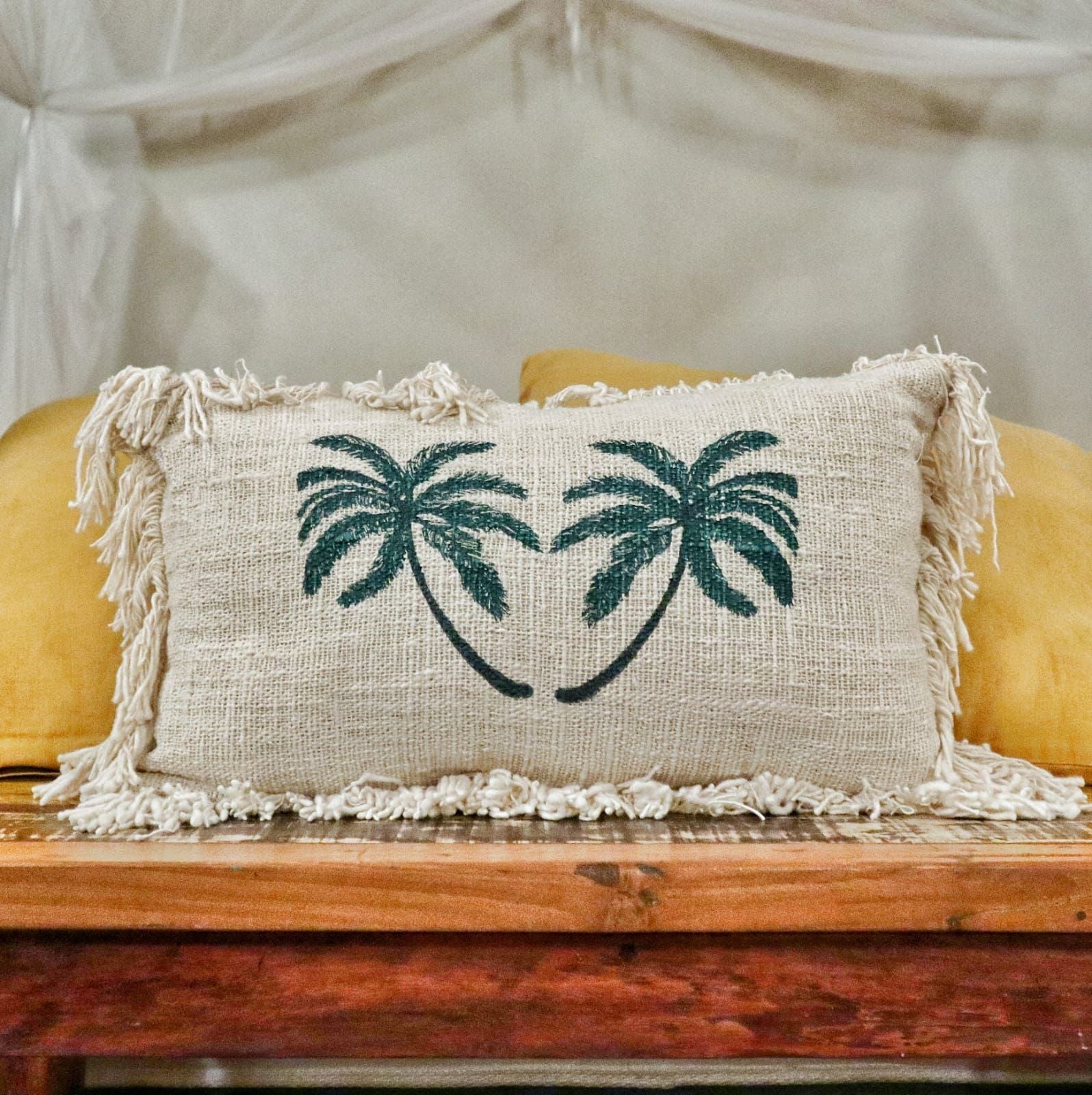Linen Cushion Cover 30x50cm with Palm Tree and Fringe Detail