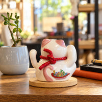 Solar Powered Japanese Lucky Cat on Wooden Base – Pink