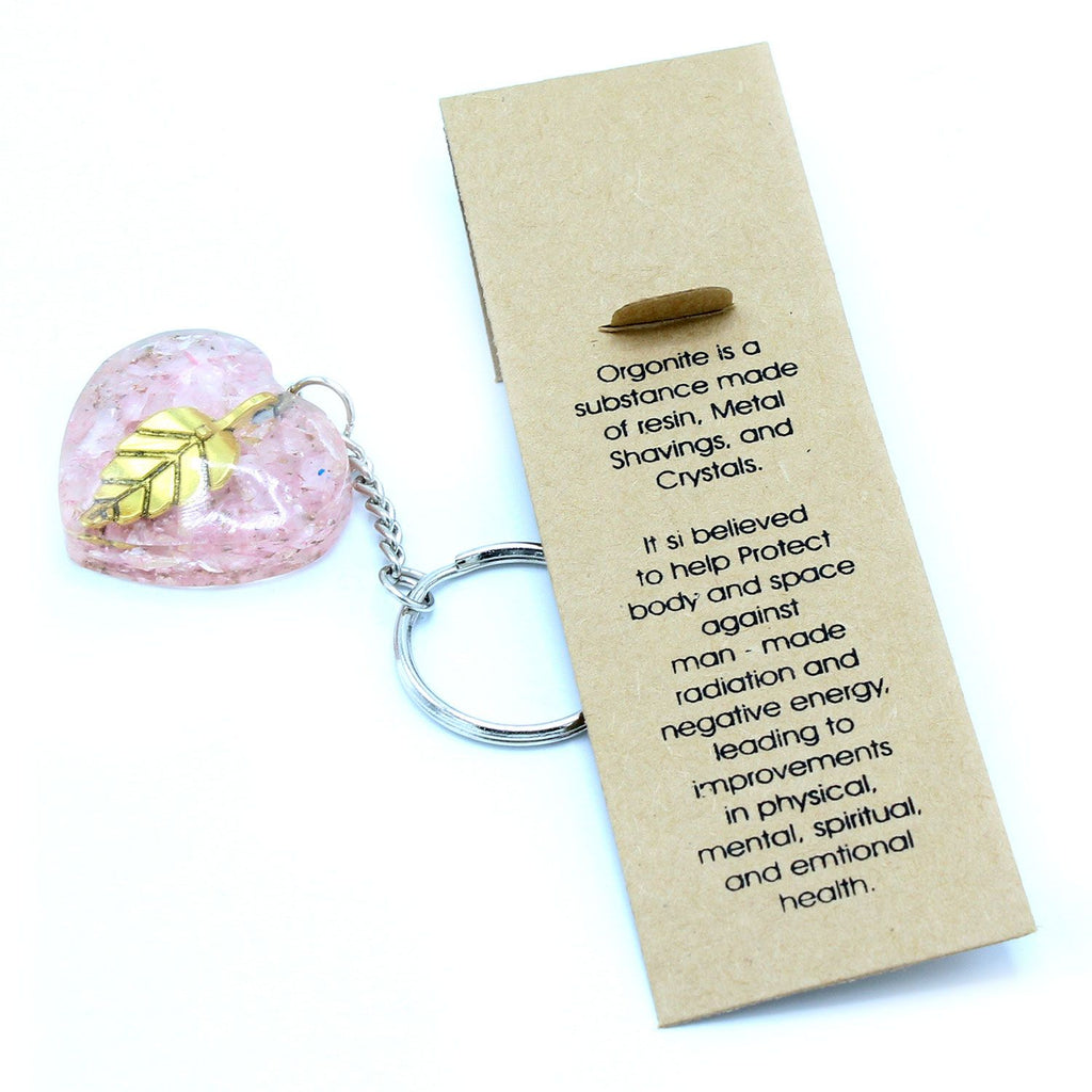 Orgonite Power Keyring with Rose Quartz Hearts and Golden Leaf
