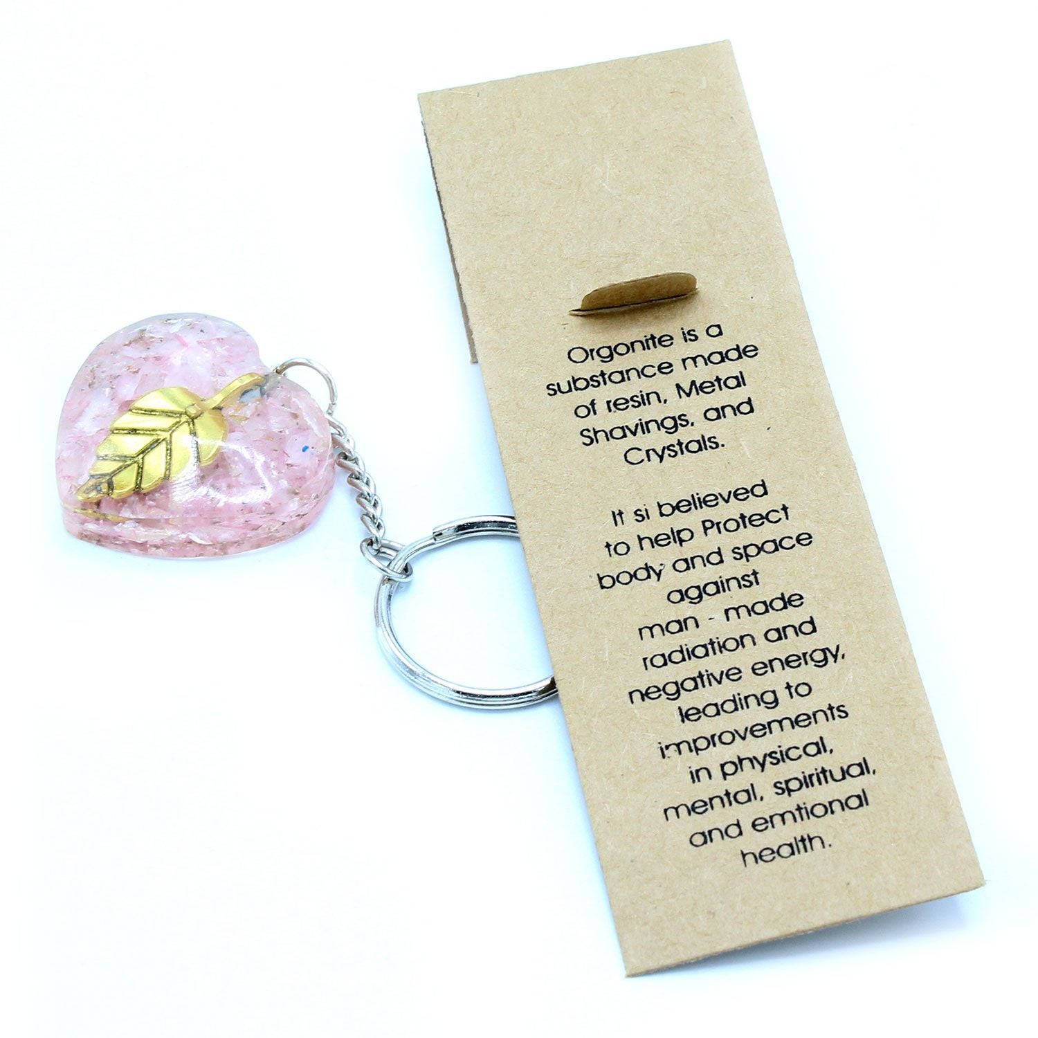 Orgonite Power Keyring with Rose Quartz Hearts and Golden Leaf