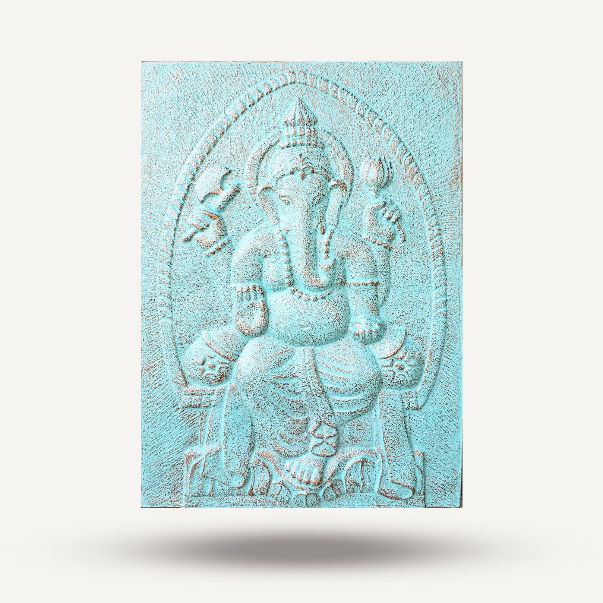 Large Ganpati Iron Frame Turquoise Relief Wall Art 0.7x1m