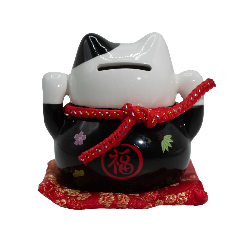 Ceramic Money Cat Bank Black on Cushion for Decorative Display
