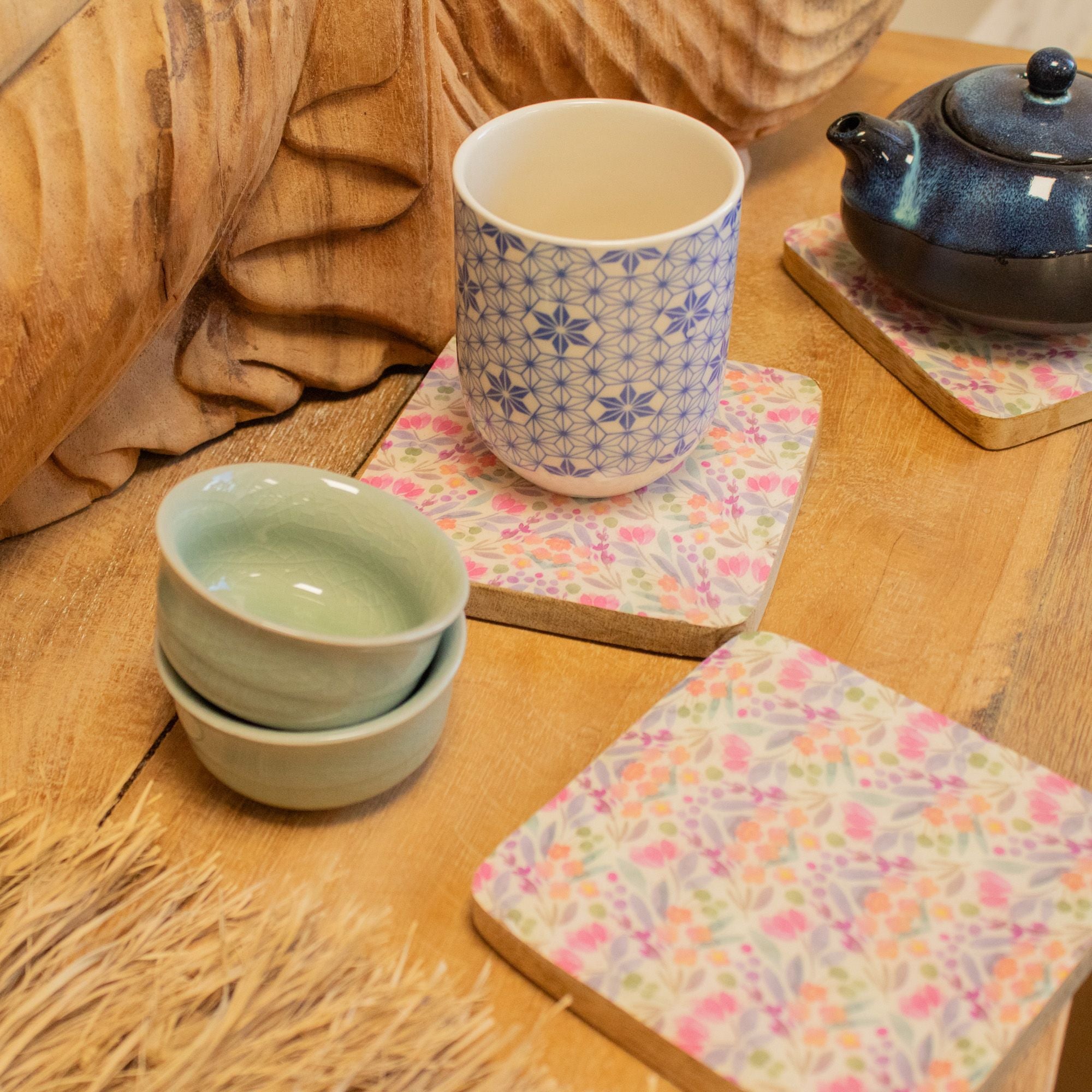 Set of 4 Square Coasters with Floral Design for Home Decor