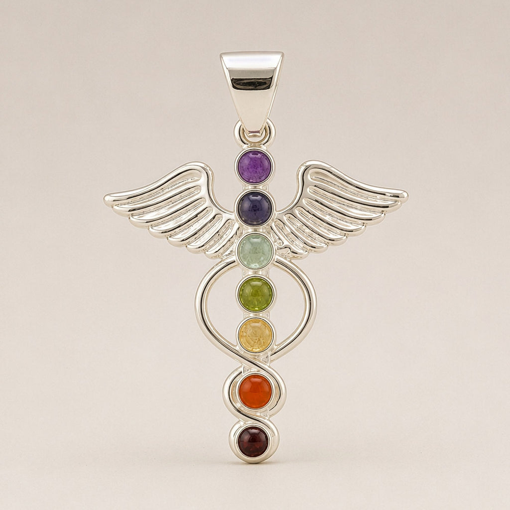 Indian Devotional Pendant with Silver Plated Angel Chakra Design