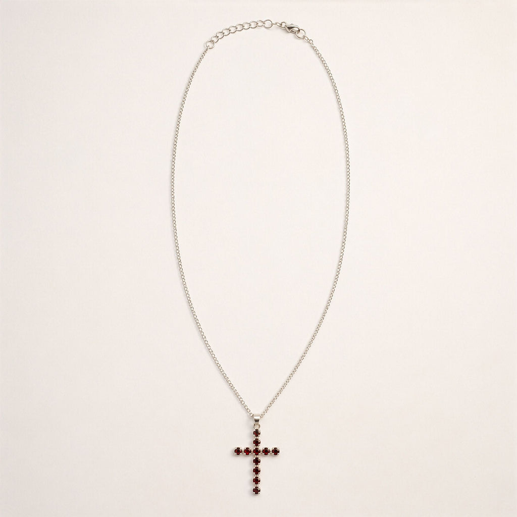 Indian Devotional Pendant with Silver Plated Chain and Garnet Crucifix
