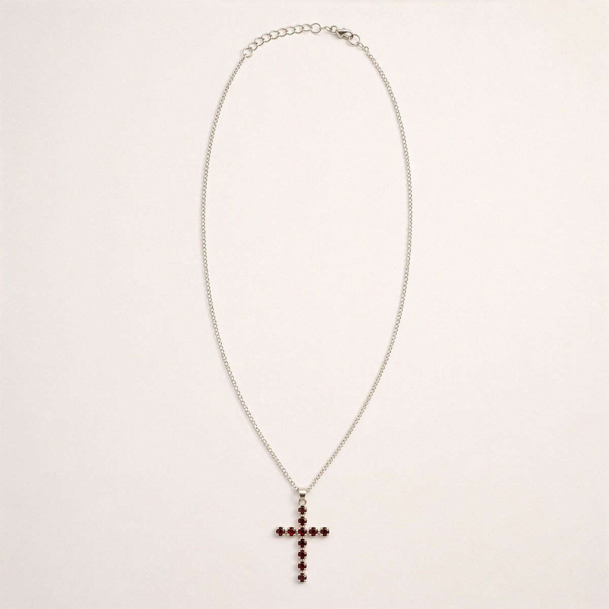Indian Devotional Pendant - Silver Plated (45cm Chain)- Garnet Crucifix