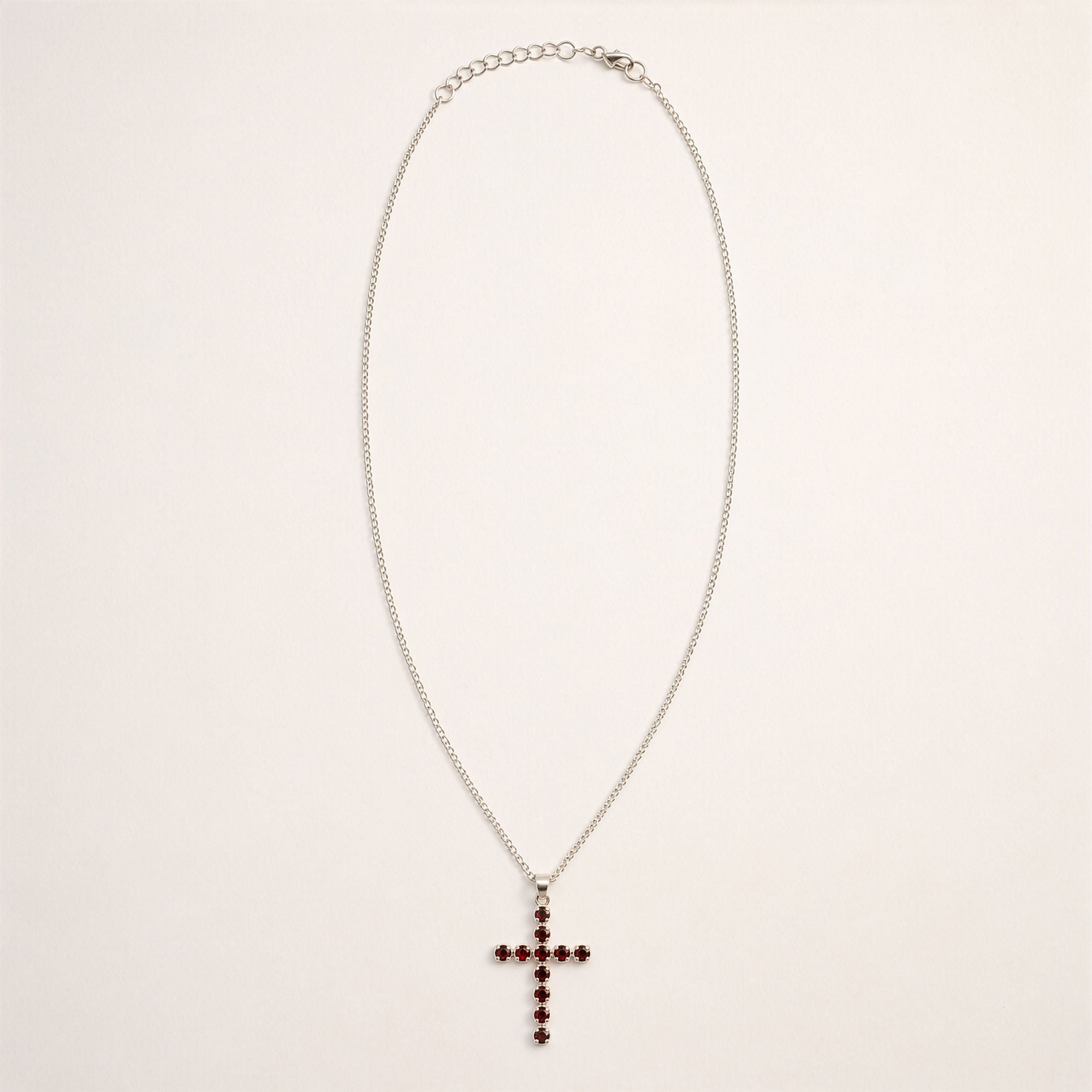Indian Devotional Pendant - Silver Plated (45cm Chain)- Garnet Crucifix