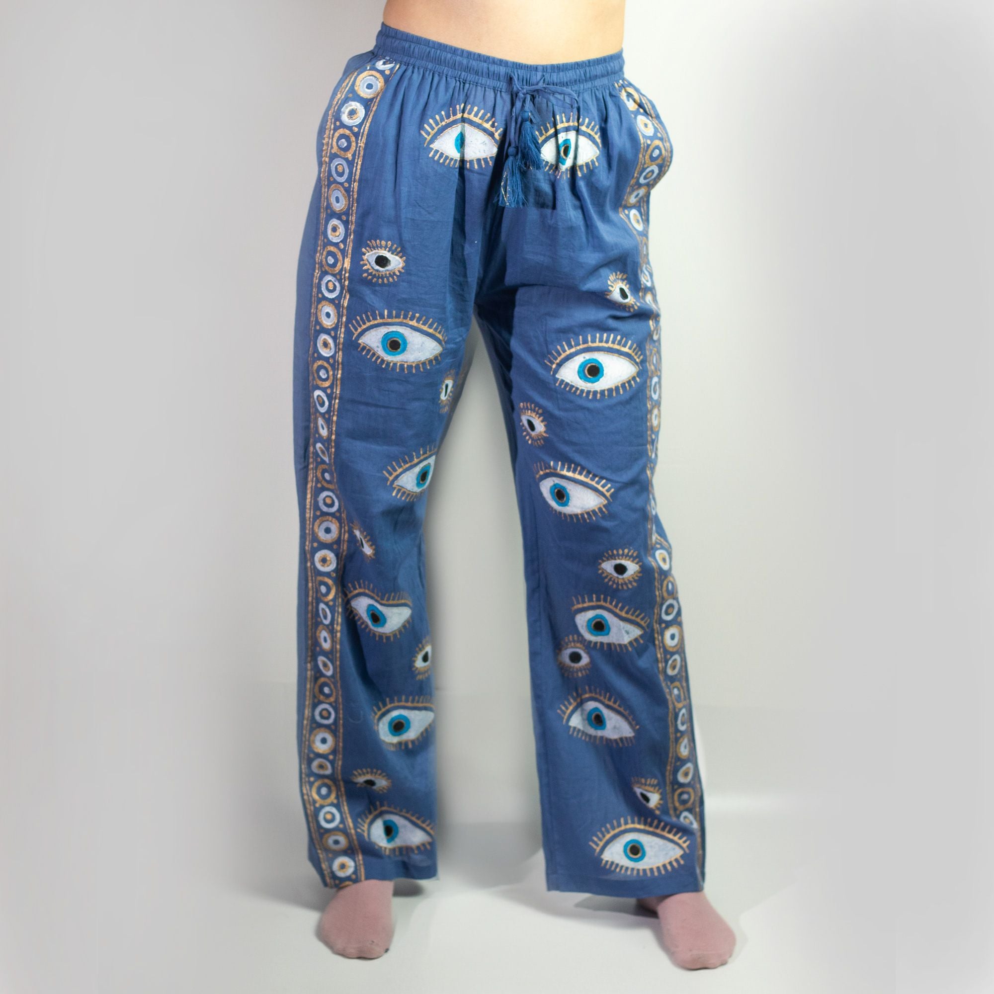 Nomad Sari Lounge Pants L/XL in Rich Blue with Gold Evil Eye Design