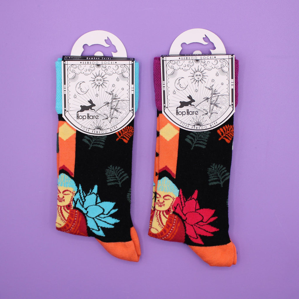 Hop Hare Bamboo Socks S/M Blue Buddha and Lotus Floral Design