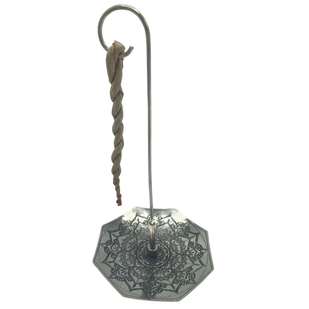 Rope Incense and Silver Plated Holder Set with Mandala Flower Design