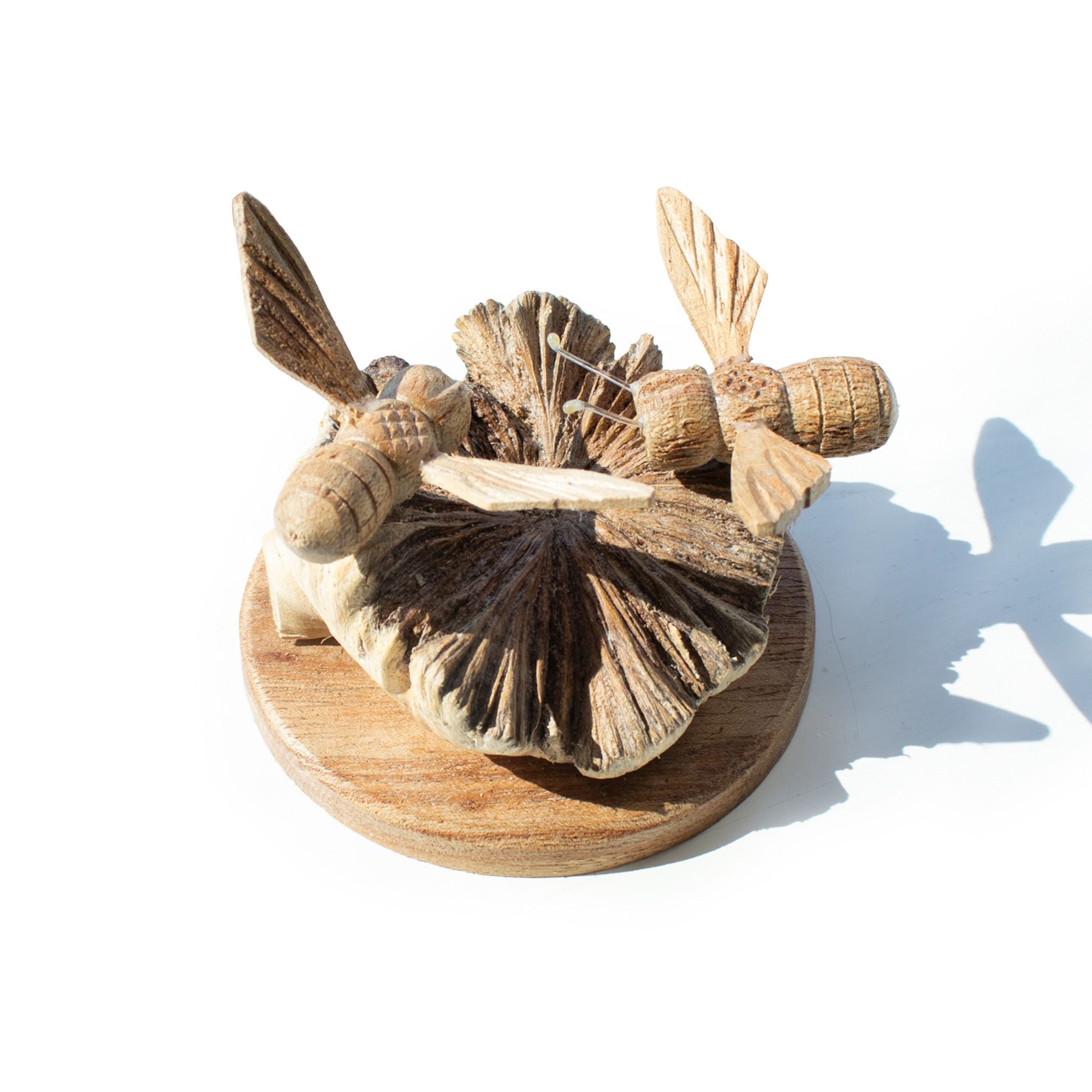 Handmade Parasite Wood Art Carving with Bees Design for Décor