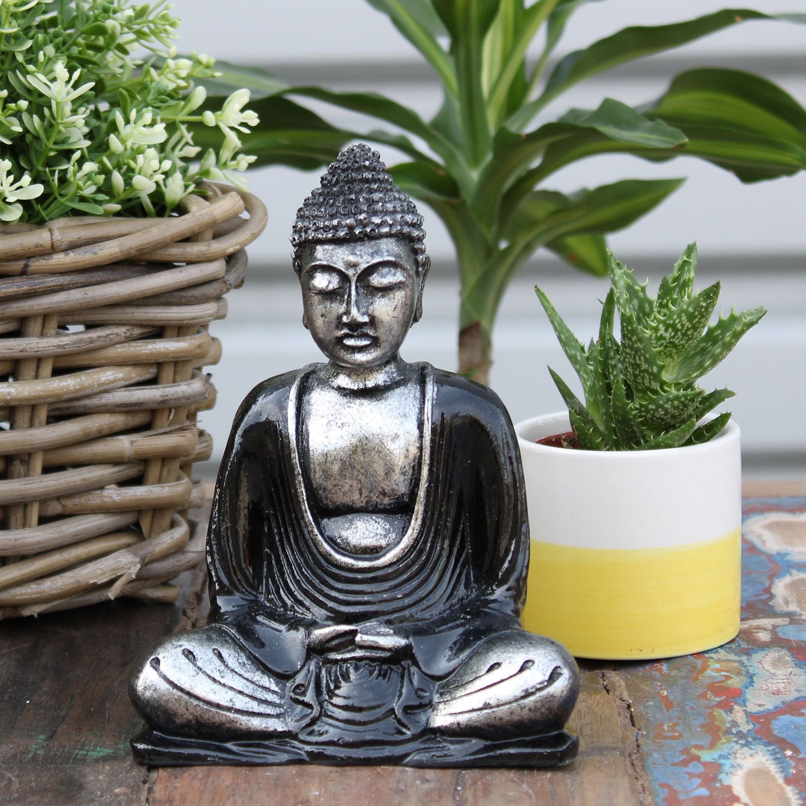Medium Black and Grey Buddha Statue Hand Painted Resin Decor