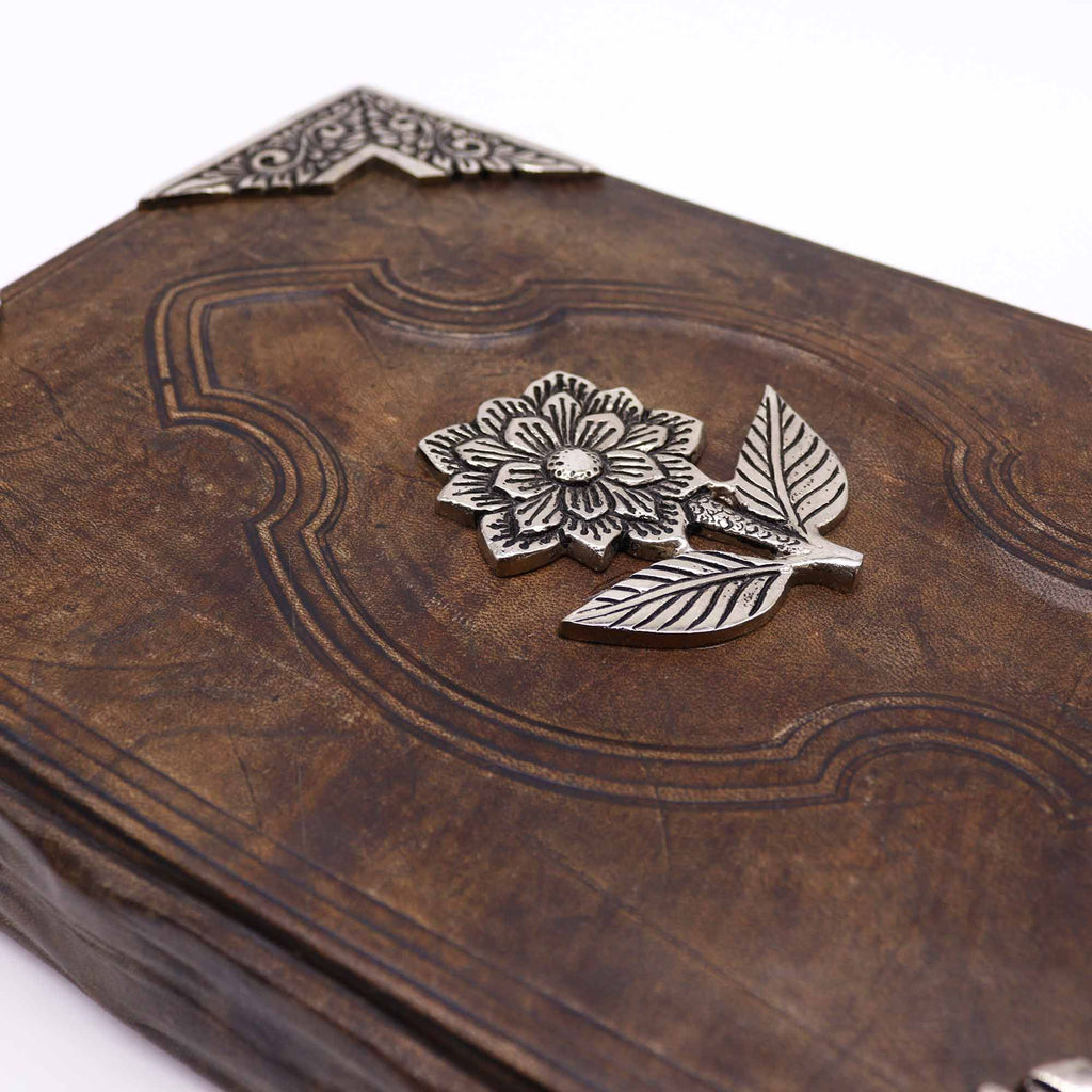 Hefty Red Tan Leather Book with Zinc Rose Decor and 200 Pages