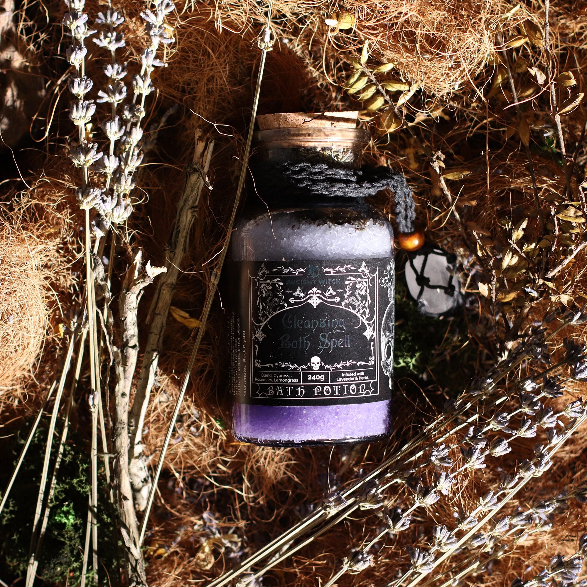 Ancient Witch Bath Spell Potion & Rock Crystal Amulet for Cleansing