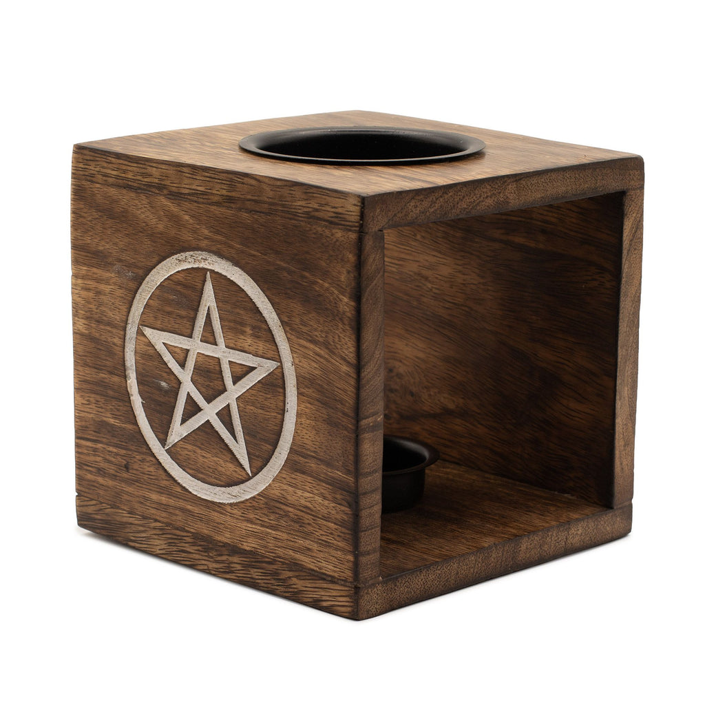 Large Square Mango Wood Oil Burner with Pentagon Design