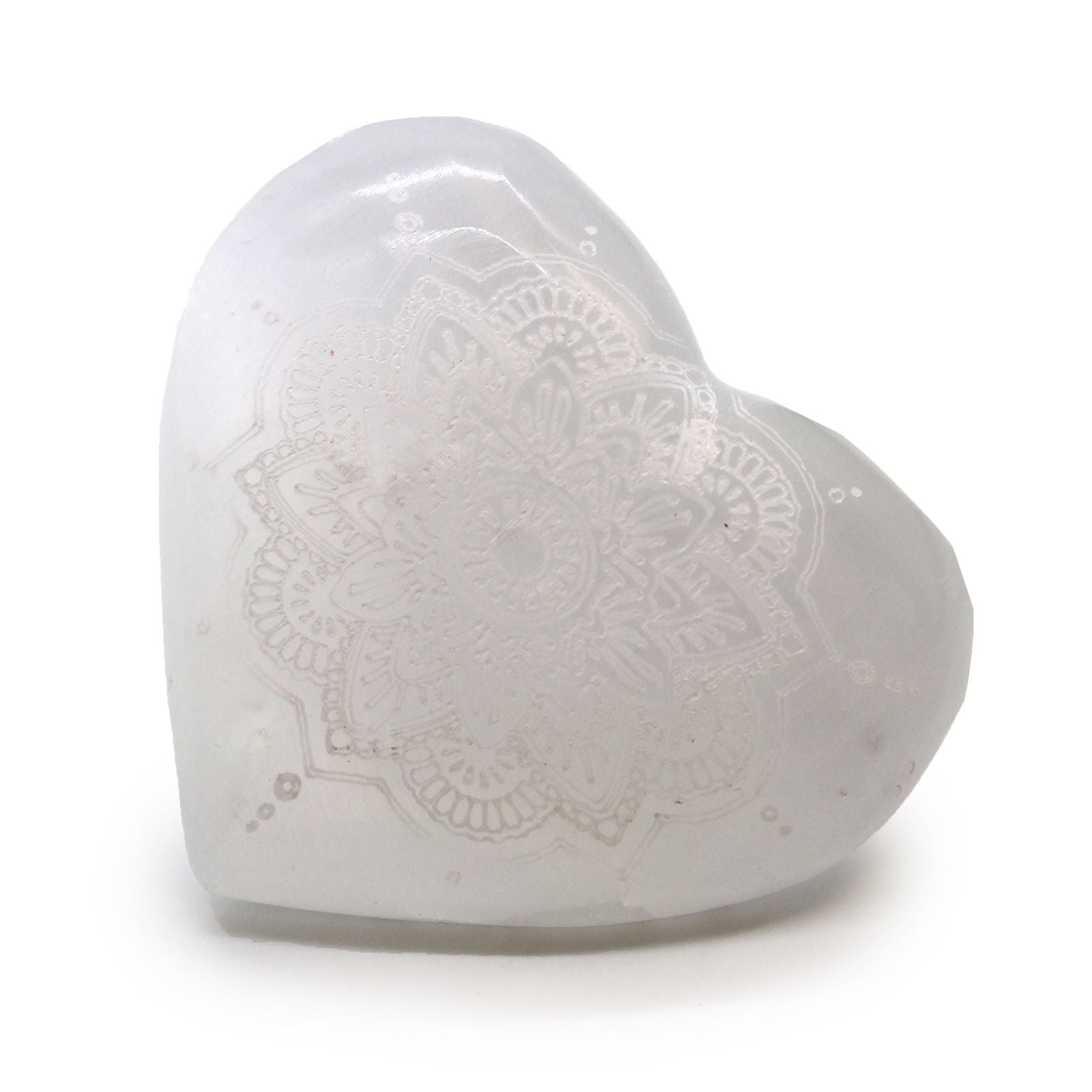 Selenite Heart Decorative Piece with Mandala Engraving 7 to 8cm