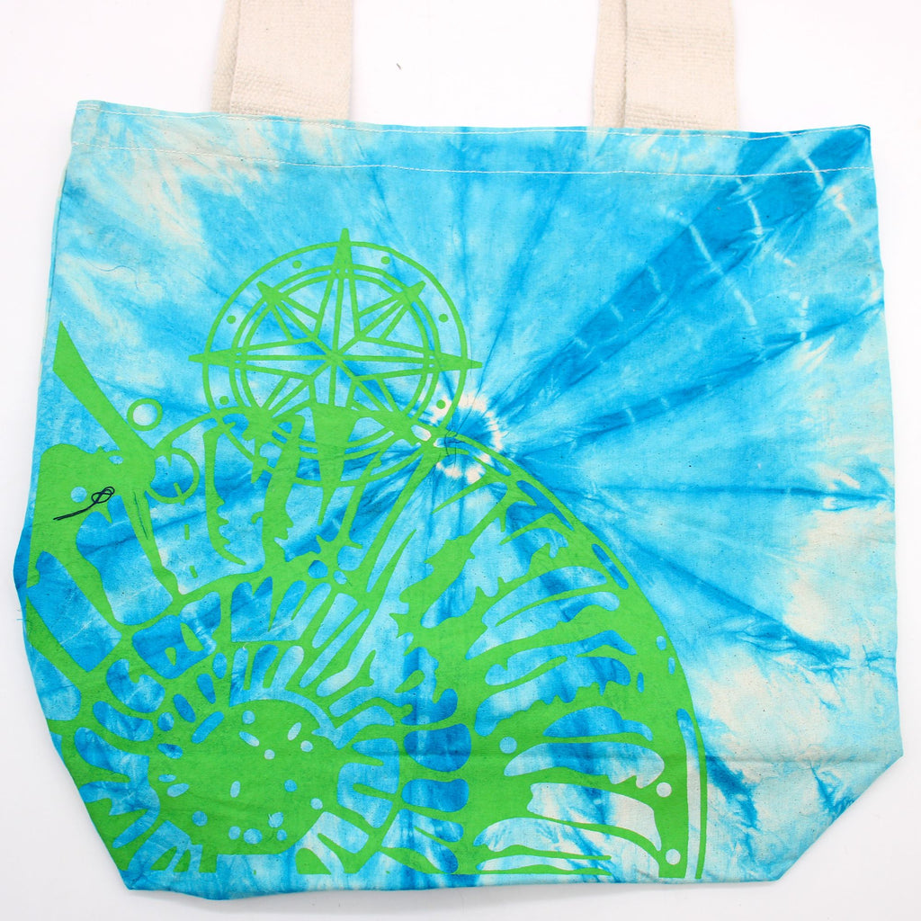 Tye Dye Cotton Bag in Sea Shell Blue Green with Green Handle