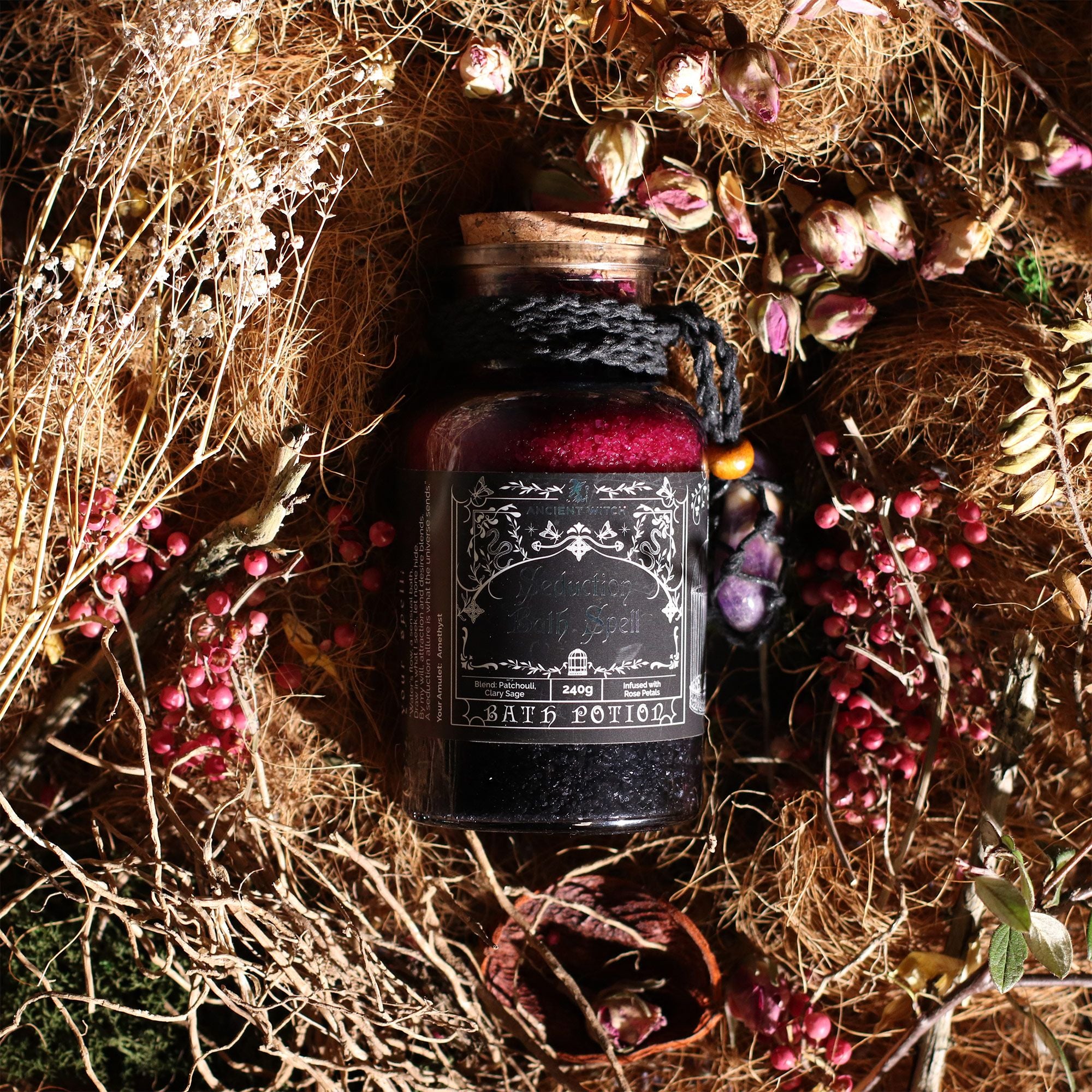 Seduction Bath Spell Potion & Amethyst Crystal Amulet for Rituals