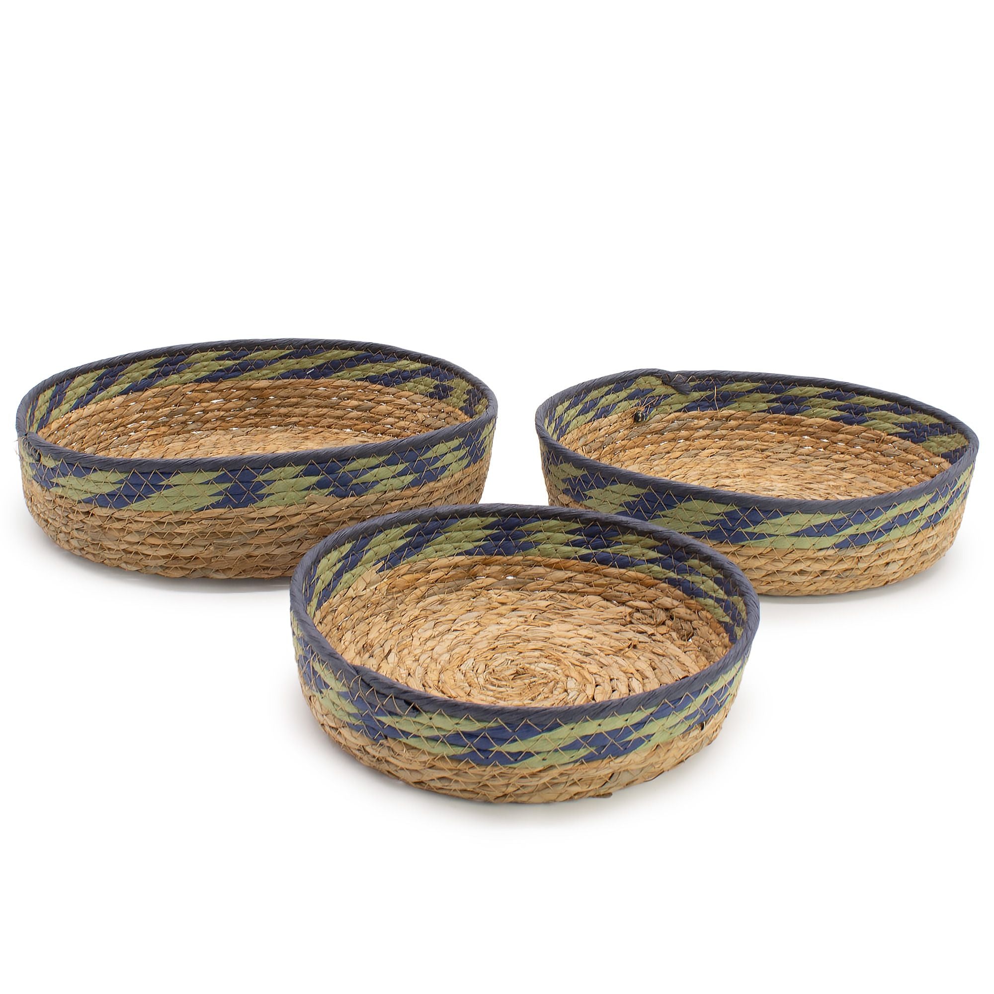Straw and Seagrass Tray Baskets Set of 3 in Natural Green and Blue