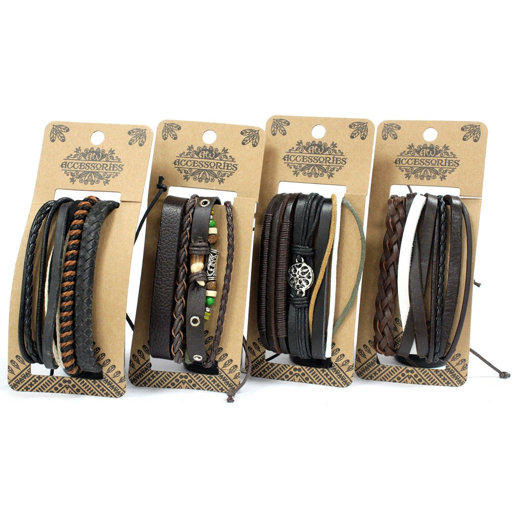 Mens Bracelet Sets Dark and Handsome with Leather and Metal Charms